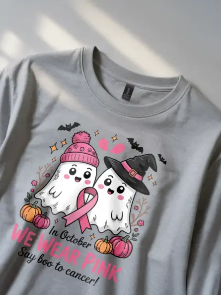 grey lifestyle photo – October awareness ghost tee – pink ghost breast cancer shirt