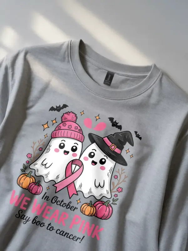 grey lifestyle photo – October awareness ghost tee – pink ghost breast cancer shirt
