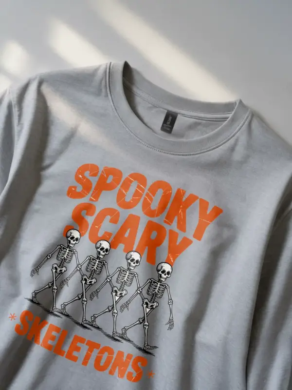 Grey angled front – spooky scary skeleton meme tee on grey apparel