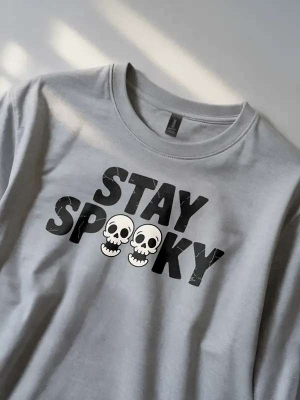 Grey angled view – minimalist distressed stay spooky tee in grey apparel