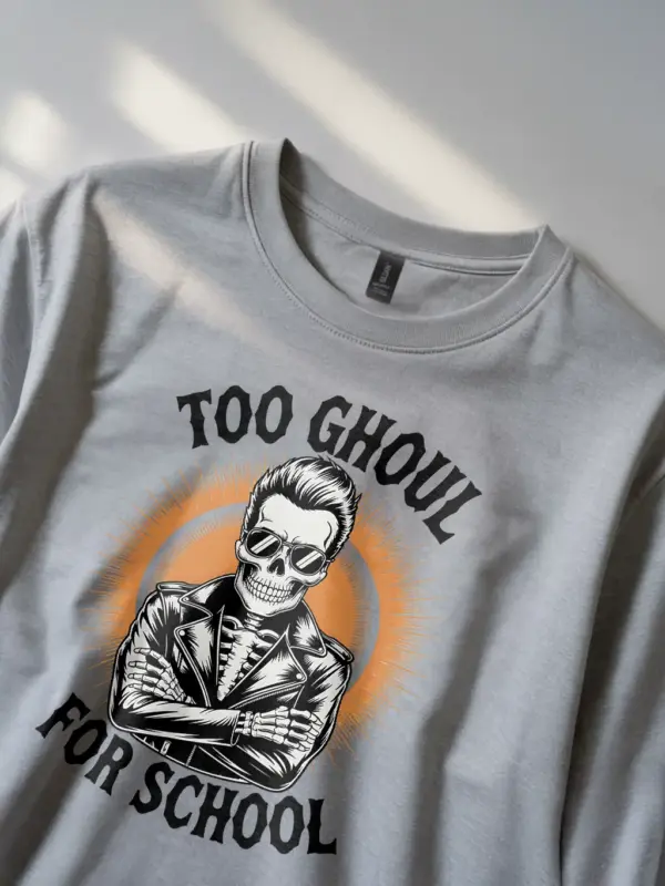 close-up – Too Ghoul for School text on grey funny skeleton biker t-shirt