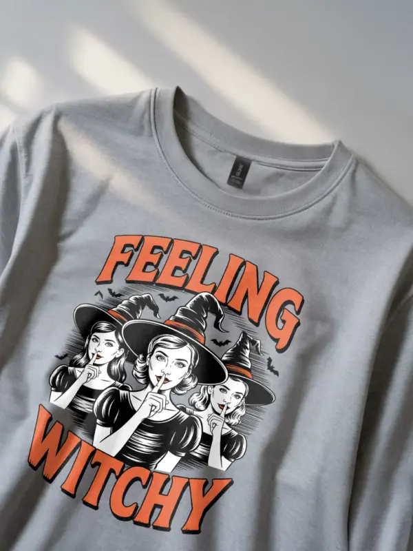 shushing witches design on grey vintage Halloween shirt