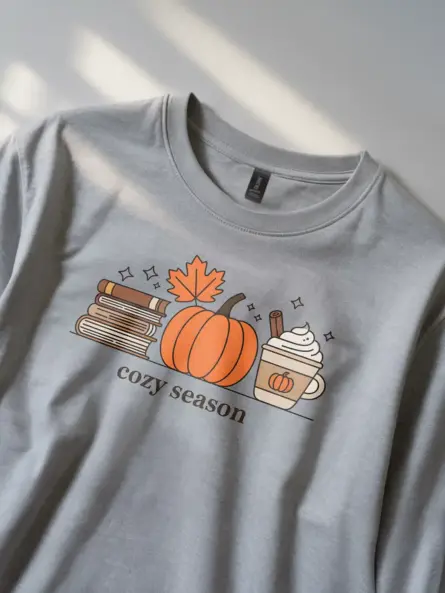 Minimalist Cozy Season T Shirt – Autumn Books & Pumpkin Tee - Image 2