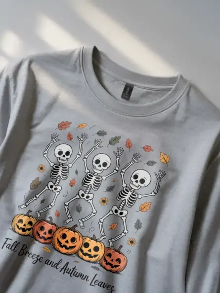 Whimsical Dancing Skeleton Fall Shirt – Cozy Autumn Leaves Tee - Image 2