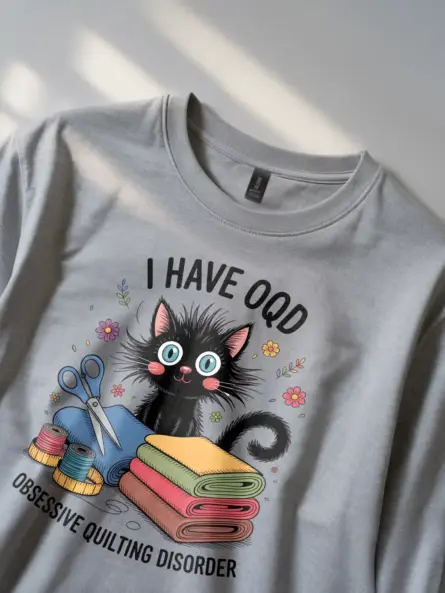 Funny Quilting T-Shirt – Obsessive Quilting Disorder Cat Tee for Crafters - Image 2