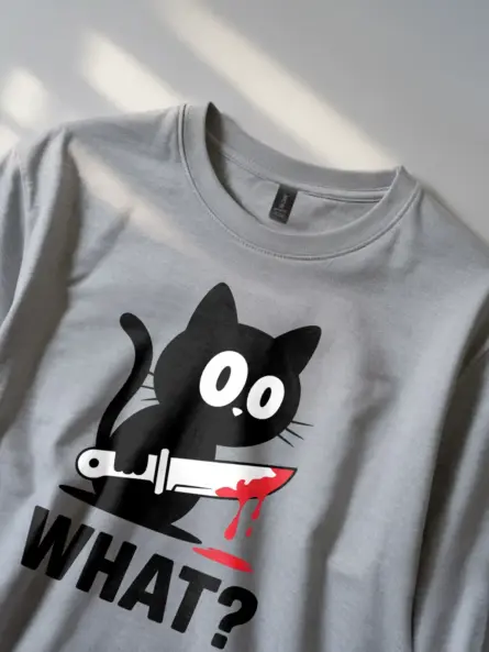 Murderous Cat with Knife T-Shirt – Funny Halloween Meme Graphic Tee - Image 2