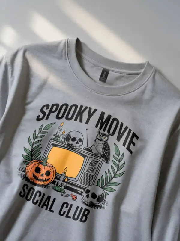 grey Lifestyle image – spooky movie social club t-shirt worn by Halloween fan