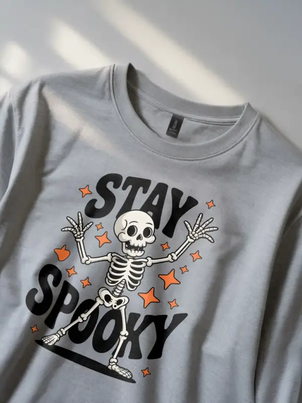 lifestyle – grey retro dancing skeleton Halloween shirt worn at fall event