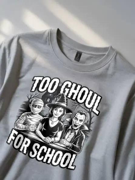 grey too ghoul for school t-shirt lifestyle shot – funny classic monster halloween shirt