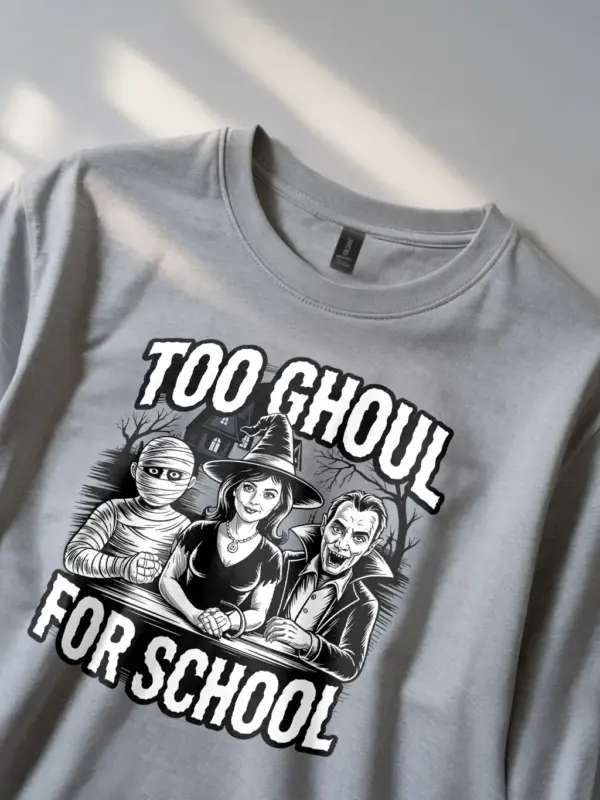 grey too ghoul for school t-shirt lifestyle shot – funny classic monster halloween shirt