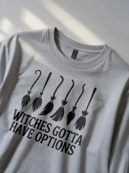 grey funny witch broomstick t-shirt design with broom graphic