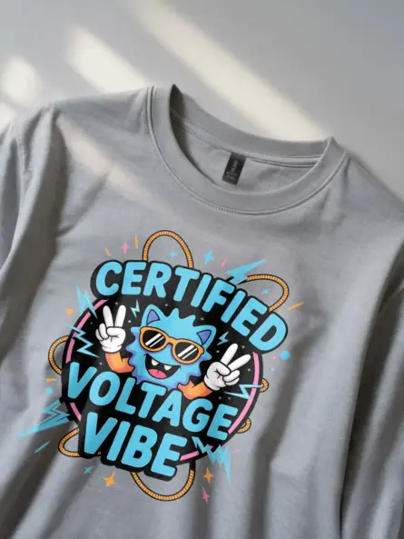 Grey Certified Voltage Vibe Shirt Lifestyle – modern STEM pun tee for engineers and tech fans