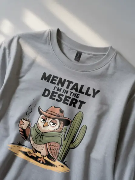 Desert Vibes T-Shirt – Funny Cowboy Owl Coffee Graphic Tee - Image 2