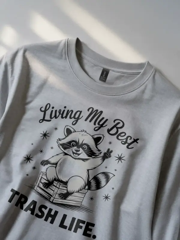 grey Shirt Lifestyle Shot – Living My Best Trash Life – funny raccoon trash panda t-shirt