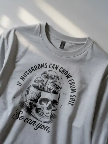 grey lifestyle image if mushroom can grow funny mushroom skull shirt