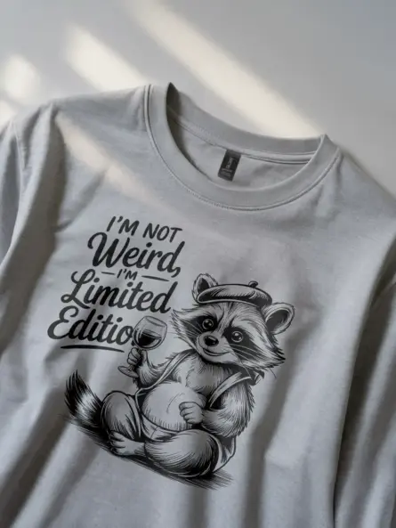 grey Lifestyle Shot Tee with dog – limited edition raccoon t-shirt
