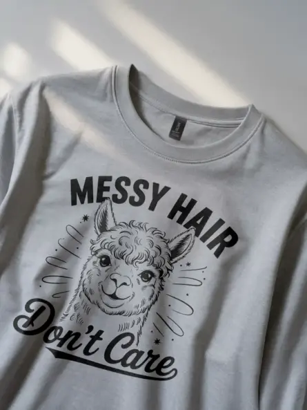 Front View: grey shirt Messy Hair Dont Care alpaca design – messy hair dont care alpaca t-shirt