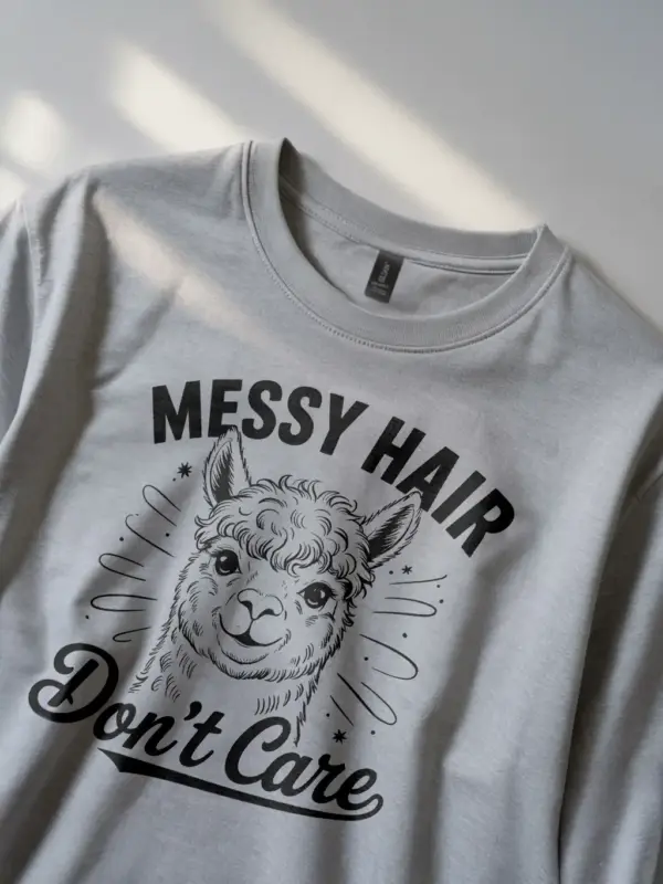 Front View: grey shirt Messy Hair Dont Care alpaca design – messy hair dont care alpaca t-shirt