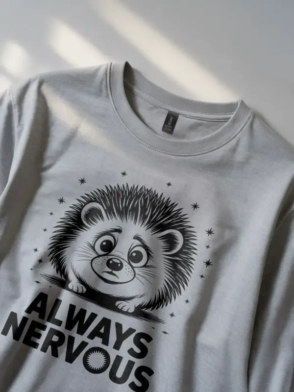 grey Lifestyle image wearing black tee, always nervous hedgehog t-shirt