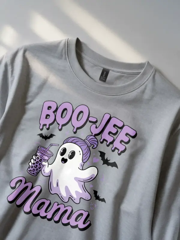 Grey close-up – ghost with cup and bats Boo-Jee Mama tee grey color