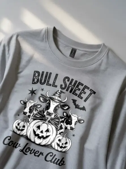 Grey close-up – Cow Lover Club script detail bull sheet cow Halloween shirt grey