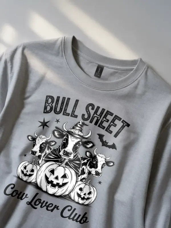 Grey close-up – Cow Lover Club script detail bull sheet cow Halloween shirt grey