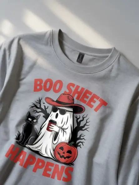 Grey close-up – sarcastic ghost in cowboy hat design grey Halloween tee