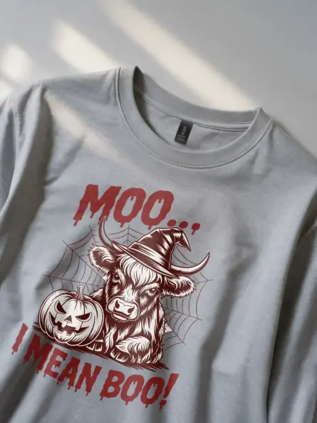 Grey close-up – dripping text and jack-o’-lantern highland cow Halloween shirt