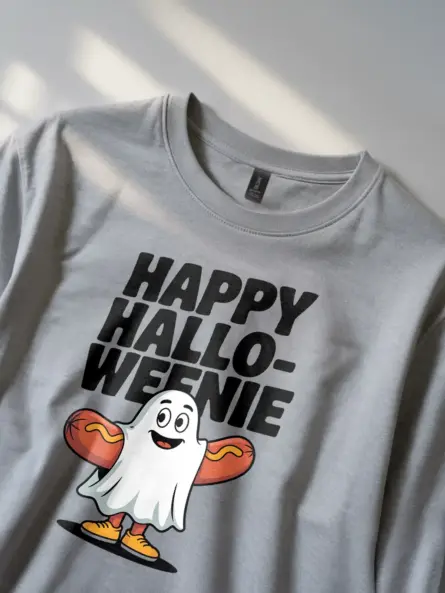 Playful Happy Halloweenie T-Shirt – Hot Dog Ghost Fun - Image 2
