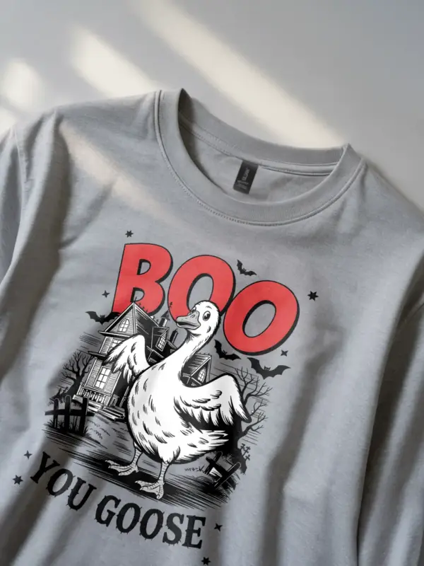 Grey close-up – graveyard and bats illustration spooky goose Halloween tee grey