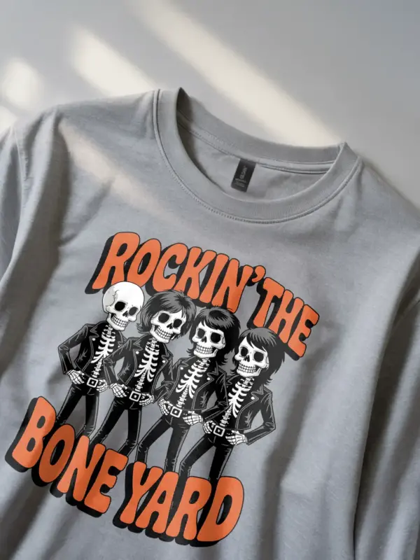 grey Black Shirt Lifestyle Shot – Rockin the Bone Yard Vintage Skeleton Rock Band T-Shirt