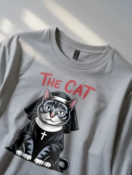 grey lifestyle photo – edgy cat lover shirt – gothic cat nun shirt