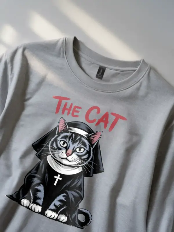 grey lifestyle photo – edgy cat lover shirt – gothic cat nun shirt