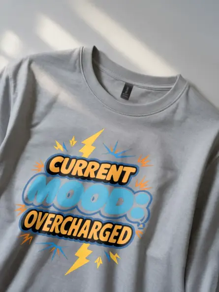 Lifestyle Shot – grey – Current Mood Overcharged – Funny Electrician Mood T-Shirt