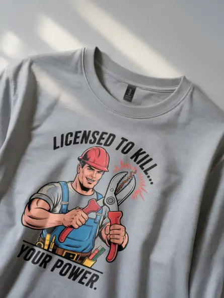Licensed Electrician Pun T-Shirt – Comic Style “Licensed to Kill… Your Power - Image 2
