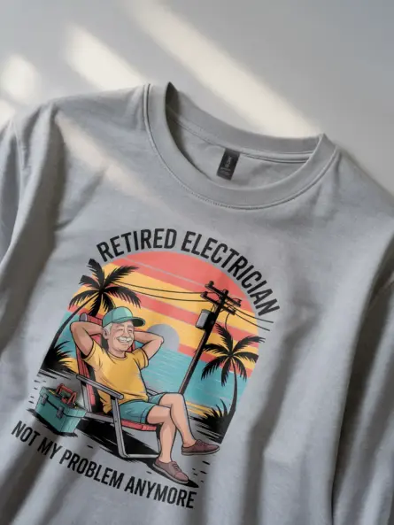 Retired Electrician T-Shirt – Not My Problem Anymore Funny Beach Sunset Design - Image 3