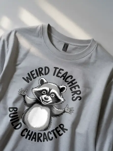 Weird Teacher Shirt – Funny Raccoon “Build Character” Tee - Image 2