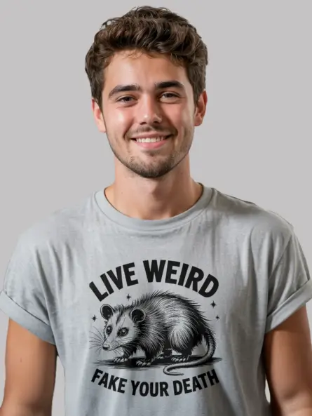 grey front view live weird fake your death shirt possum meme tee