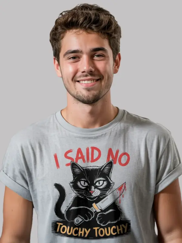 Dark Heather front view no touchy touchy cat shirt black cat knife meme