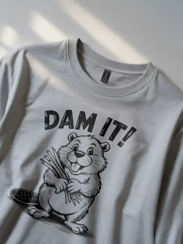 Front view of Grey dam it beaver t-shirt with funny cartoon pun design