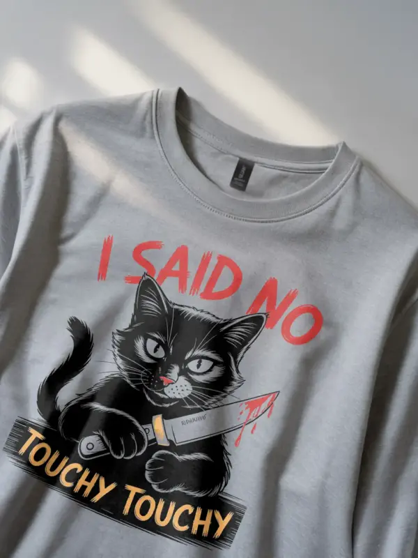 grey lifestyle view funny black cat no touchy shirt