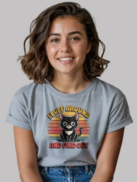 grey lifestyle photo fluff around vintage funny cat shirt for women