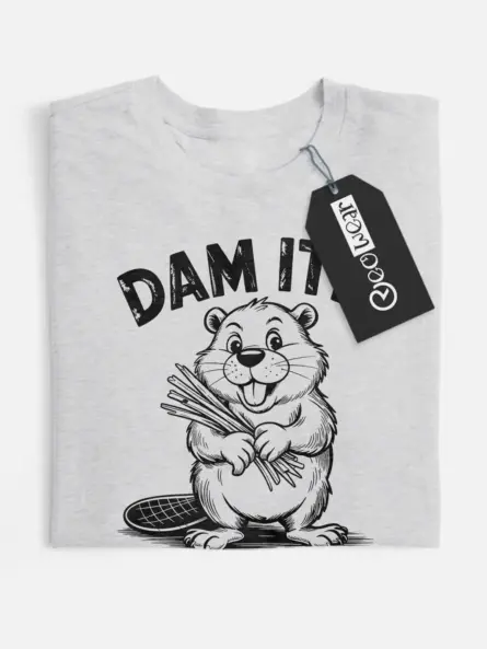 Front view of Grey dam it beaver t-shirt with funny cartoon pun design