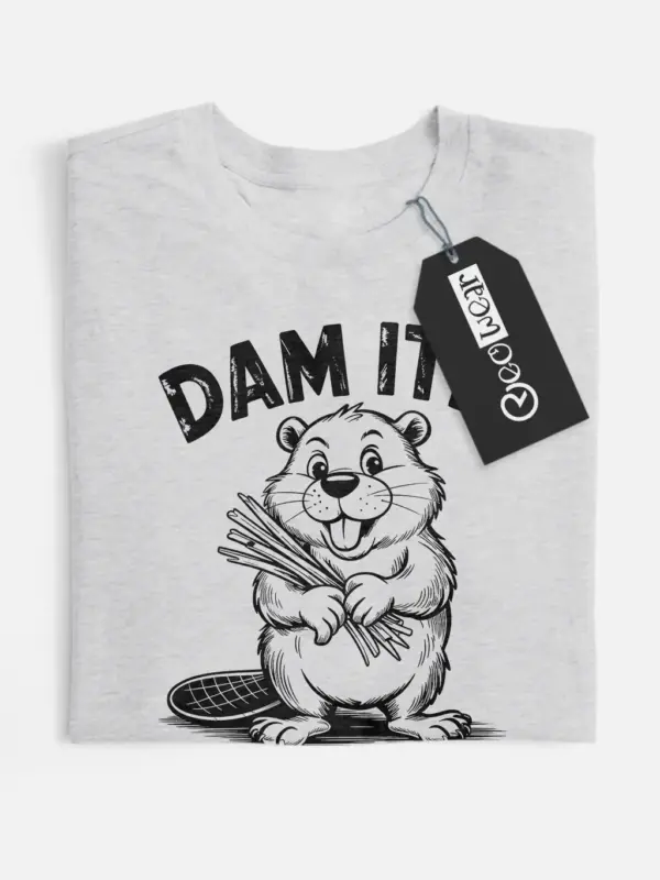 Front view of Grey dam it beaver t-shirt with funny cartoon pun design