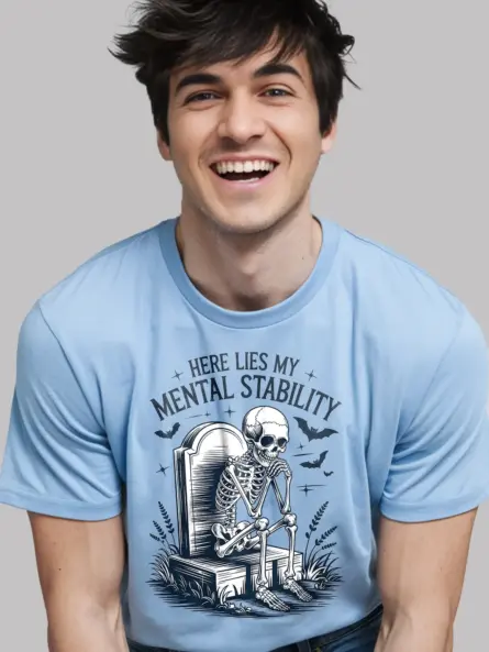 Light Blue close-up – skeleton and bats artwork mental stability skeleton t-shirt light blue