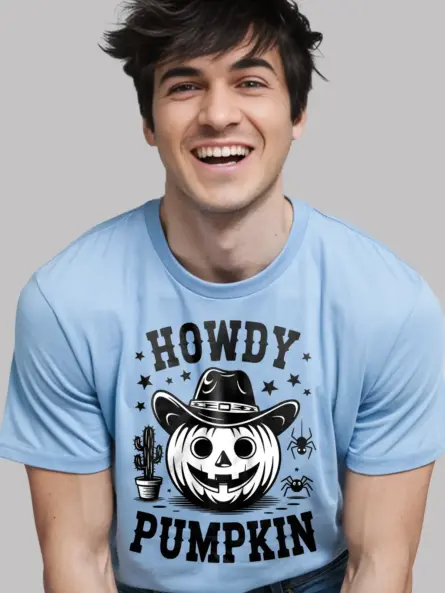 Light Blue close-up – cowboy hat and spider graphic pumpkin Halloween tee