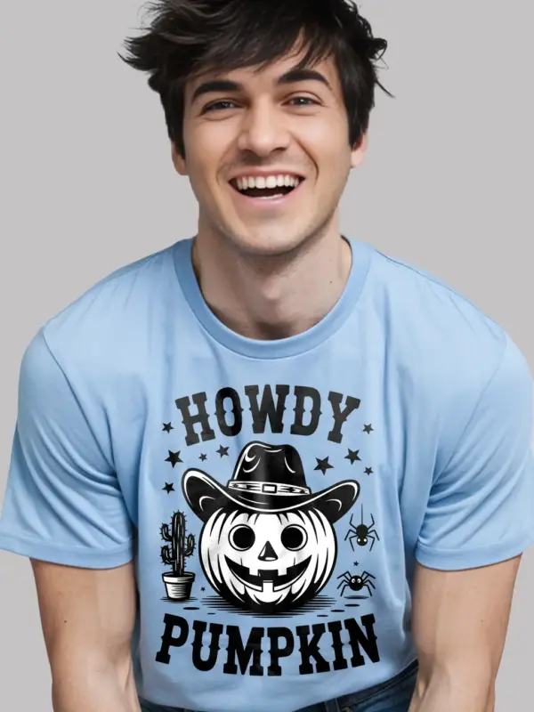 Light Blue close-up – cowboy hat and spider graphic pumpkin Halloween tee