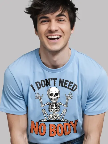 Light Blue close-up – retro skeleton shrug pun shirt light blue