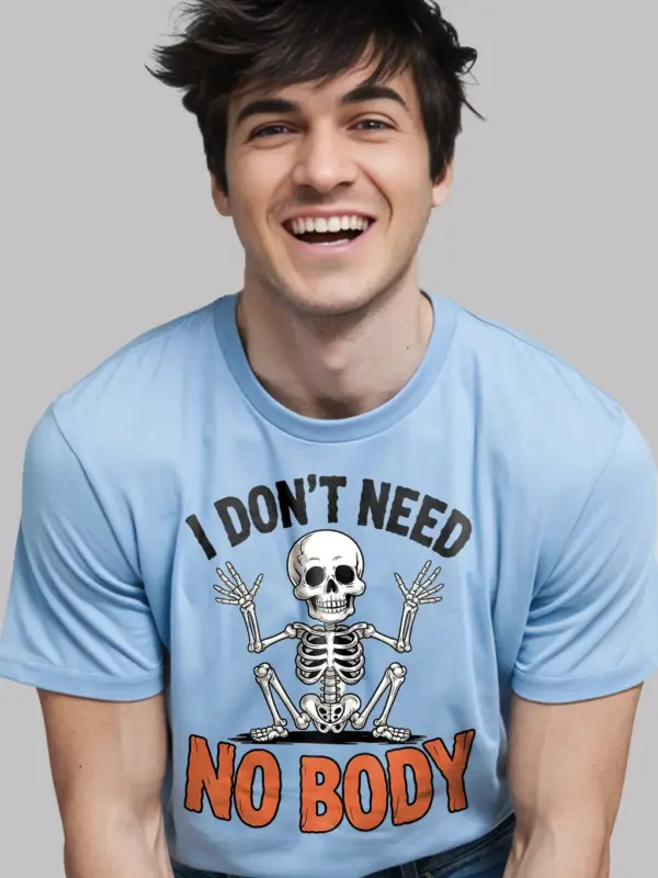 Light Blue close-up – retro skeleton shrug pun shirt light blue