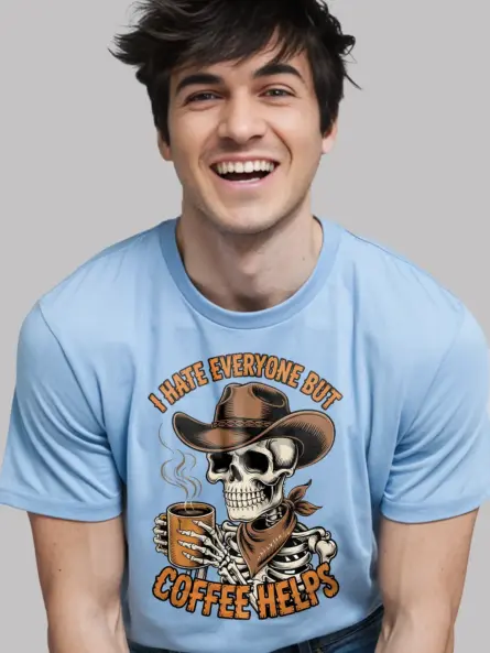 Grungy Skeleton Cowboy Coffee T-Shirt – Funny Anti-Social Vintage Tee - Image 6
